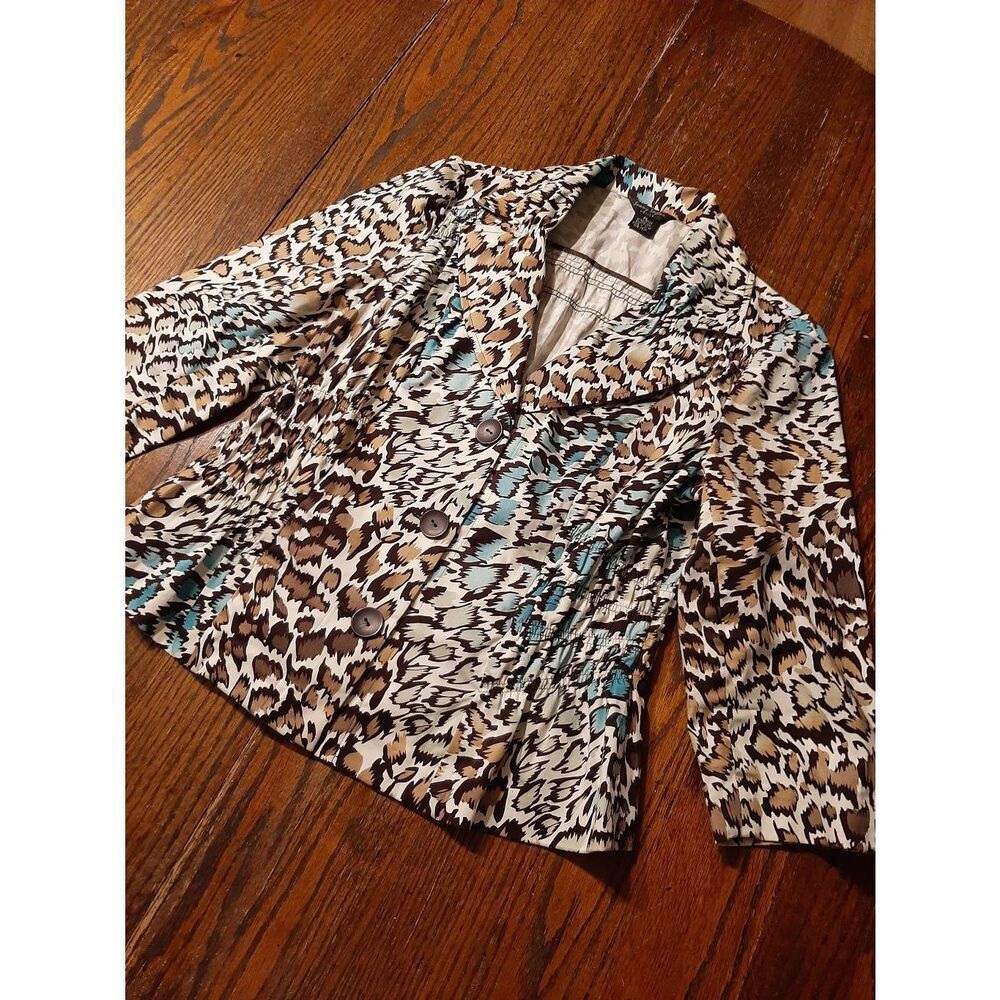 Petite Large Sunny Taylor Brown Tan Blue Animal Print Blazer Shirt Jacket